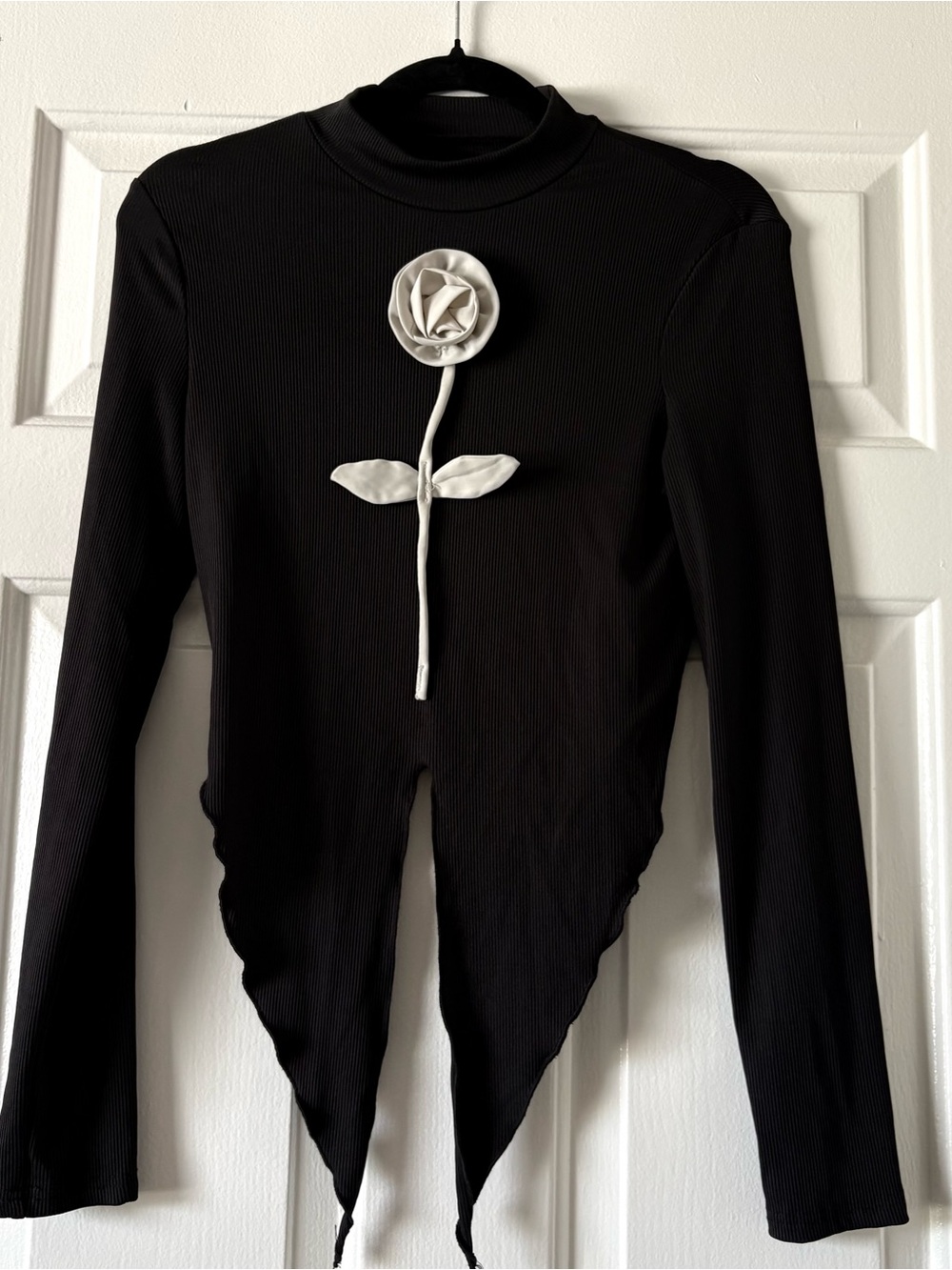 Black Long-Sleeve Mock Neck Top with cream Rose Applique